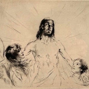 May include: A black and white etching of a religious scene depicting a man with long hair and a bare chest, with two other figures on either side of him. The man is looking upwards, and the figures on either side of him are looking at him.