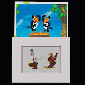 May include: Two animated crows with black feathers and orange beaks stand on a wooden surface against a blue sky background. Below, two more cartoon characters are depicted, one with a blue hat and the other playing a ukulele.