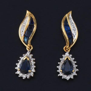 Pair of 14K Gold Blue Sapphire and Diamond Drop Earrings