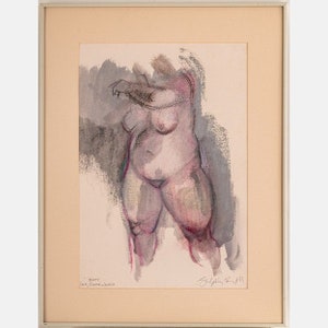 May include: A framed charcoal and pastel drawing of a nude figure in a standing pose. The figure is depicted in a soft, muted palette of grays, pinks, and greens. The drawing is signed "Sylvia Siff" in the lower right corner.