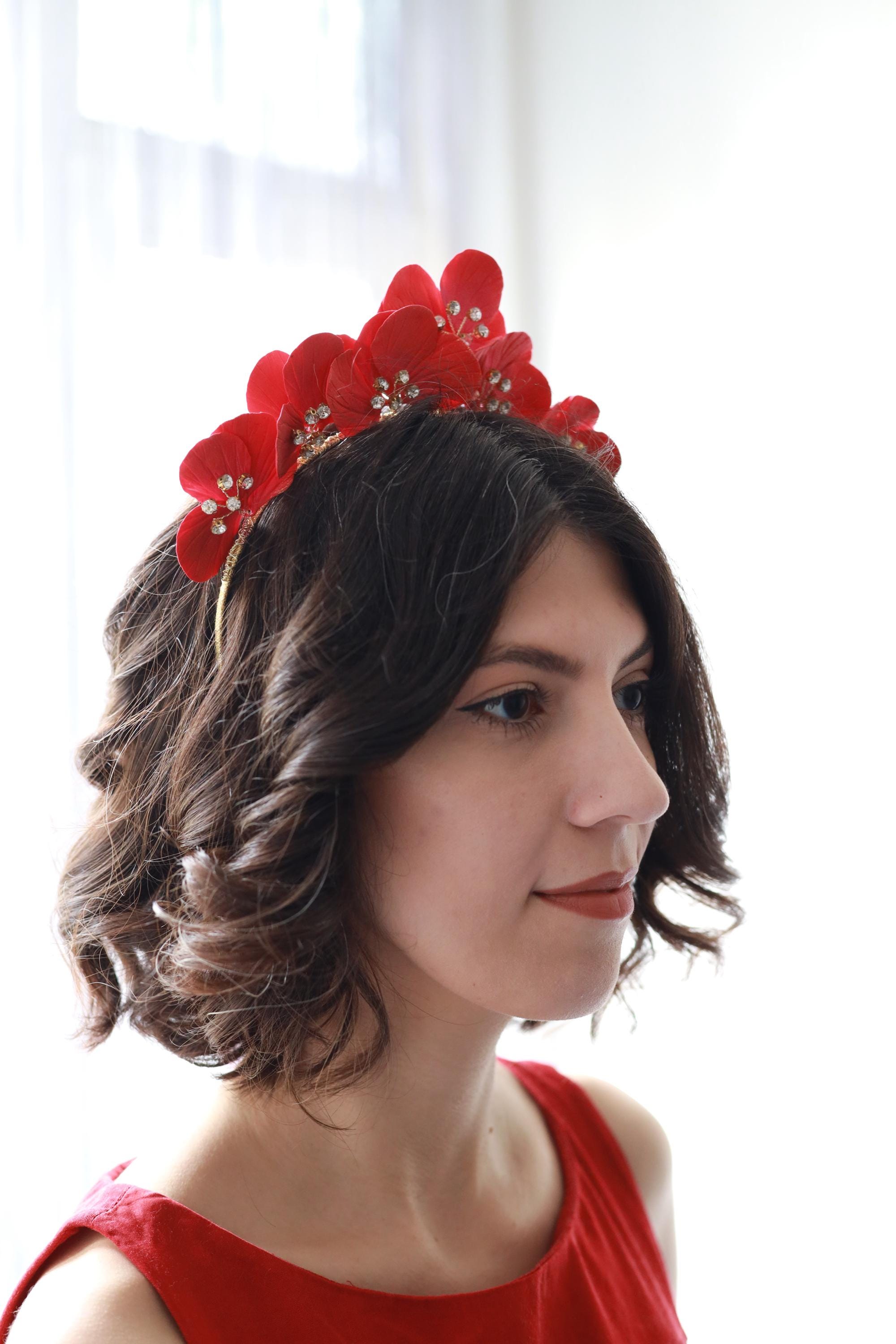 Handmade Floral Bridal Headband, Red Crystal Flower Wedding Headpiece Amazon.com : SOLUSTRE Christmas Crown Headband Floral Wreath  main image 2