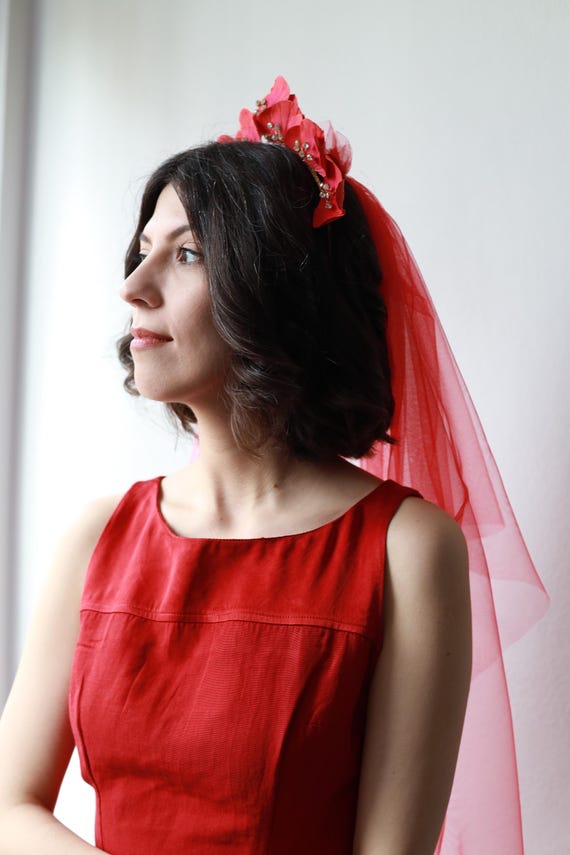 Handmade Floral Bridal Headband, Red Crystal Flower Wedding Headpiece Red Clay Flower Crown – Crystal Bridal Headpiece - Etsy main image 3