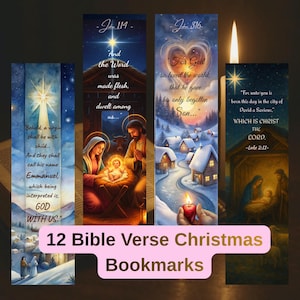 May include: A collection of 12 Bible Verse Christmas Bookmarks. Each bookmark features a different biblical verse with illustrations of the Nativity scene, winter landscapes, and a glowing candle. The text includes verses from John and Luke.