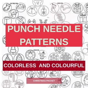 Op de afbeelding: Een verzameling kleurloze kerstpatronen voor punch needle. De ontwerpen omvatten sneeuwmannen, de kerstman, sneeuwvlokken en andere vakantie-iconen. De tekst "PUNCH NEEDLE PATTERNS" en "COLORLESS AND COLOURFUL" worden weergegeven in rode rechthoeken. Sommige patronen zijn 8,5 x 8,5 cm en 10 x 10 cm.