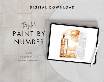 Fall Window Paint By Number Kit Adult | Printable & Digital Download | Color By Numbers | Procreate Color Palettes | Digital Wallpaper