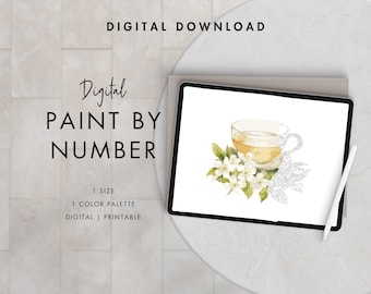 Kit de pintura por números para adultos (taza de té) / Imprimible y descarga digital / Colorear por números / Paletas de colores Procreate / Fondo de pantalla digital
