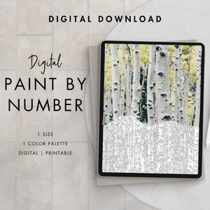 Puede incluir: Imagen digital de pintura por números de un bosque de abedules con corteza blanca y hojas amarillas. La imagen se muestra en la pantalla de una tableta con un lápiz óptico al lado. El texto "Digital Paint By Number" se muestra en la pantalla.