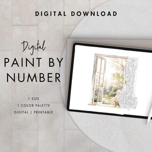 May include: Digital download of a paint by number image featuring a window with a view of a garden. The image is in black and white with numbered sections for coloring.