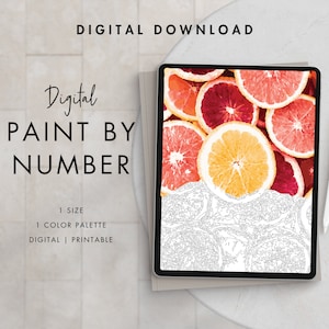 May include: Digital paint by number coloring page featuring a close-up of red and yellow citrus fruit slices. The image is displayed on a tablet screen with a stylus nearby. The text "Digital PAINT BY NUMBER" is displayed on the screen.