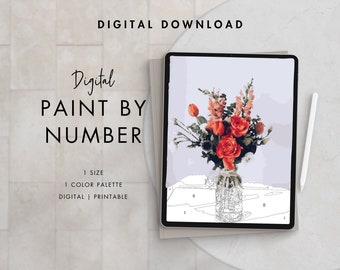 Red Flower Bouquet Paint By Number Kit Adult | Printable & Digital Download Art | Procreate Color Palettes | Digital Wallpaper
