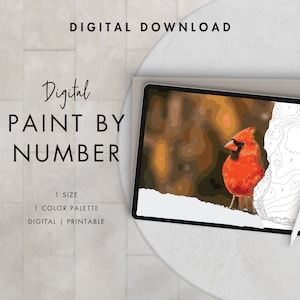 Red Cardinal Paint By Number Kit Adult | Printable & Digital Download | Color By Numbers | Procreate Color Palettes | Digital Wallpaper