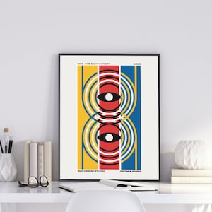 May include: A colorful abstract poster with a geometric design featuring concentric circles, stripes, and two stylized eyes. The poster is titled "003 - The Eight Infinity" and is part of the "Chroma Series" by Alo Design Studio.