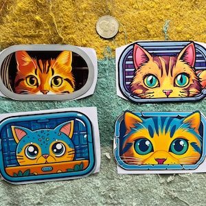 Peeping Summer Cat Vinyl Magnet Car Stickers Set of 4, Colorful Fat Kitty Cat Vinyl Fridge Magnets, Cat Lovers Gift, Waterproof Cat Magnets