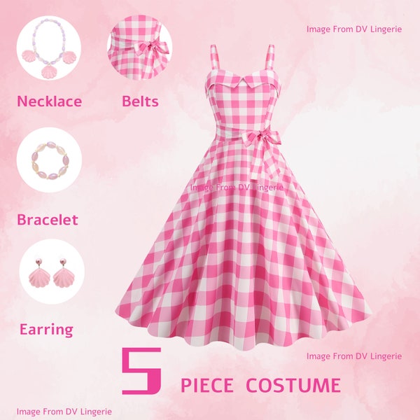 Vom Film inspiriertes rosa kariertes Fliegekleid | Margot Robbie Kleid Rosa Halloween Cosplay Halloween Kleid Geschenk für Sie