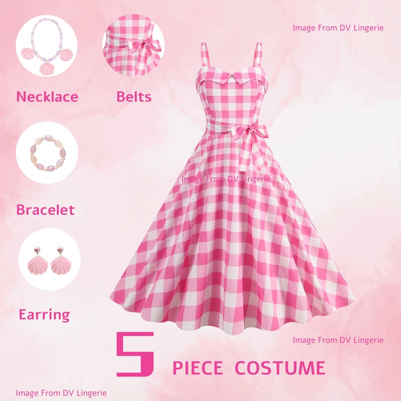 Movie-inspired Pink Plaid Bow Tie Dress Margot Robbie Dress Pink Halloween Cosplay Halloween Dress Gift For Her image 1