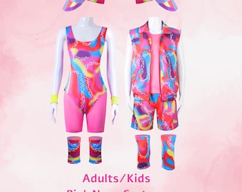 Neon Rollerblade Paar Outfits｜Erwachsene&Kids Skater Kostüm | Margot Cosplay Robbie Kostüm, Halloween Paar Cosplay