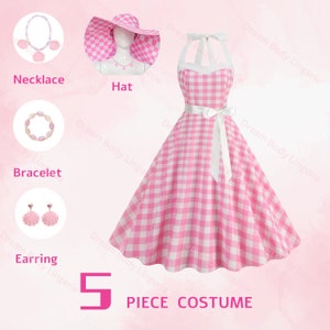 Movie Inspired Creative Baby Pink Plaid Dress - Margot Robbie Movie Cosplay With Accessories and Hat