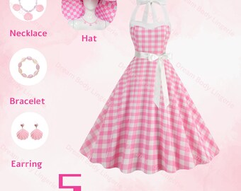 Movie Inspired Creative Baby Pink Plaid Dress - Margot Robbie Movie Cosplay With Accessories and Hat