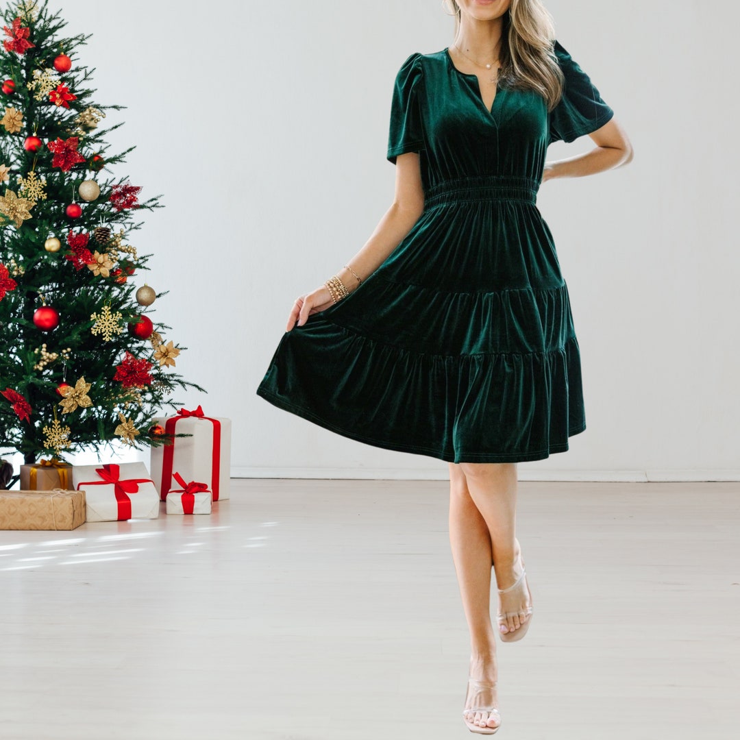 Elegant Christmas Dress Women,red Green Velvet Dress Midi Dress