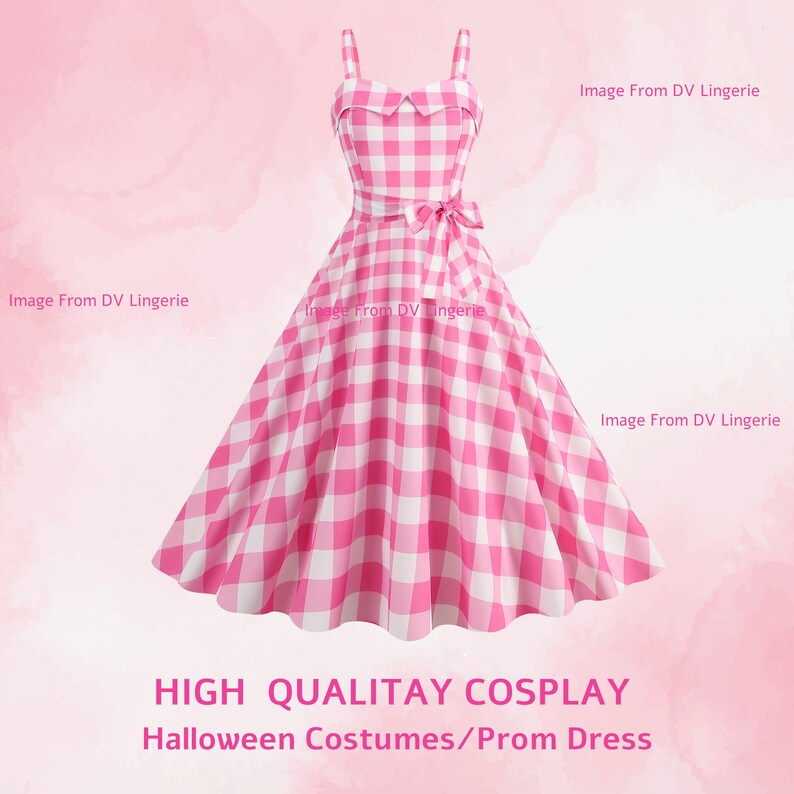 Movie-inspired Pink Plaid Bow Tie Dress Margot Robbie Dress Pink Halloween Cosplay Halloween Dress Gift For Her image 2