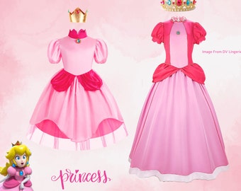 Women’s Princess Peaches Costume  /Girl 's Peach Princess Dress /Adult Kids Movie Role Playing Cosplay Costume Birthday Party Dress