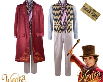 Disfraz de Willy Wonka para adultos y niños, disfraz de Chocolate F4ctory, traje rojo inspirado en la película, disfraz de Halloween, Carnaval, mascarada, poliéster