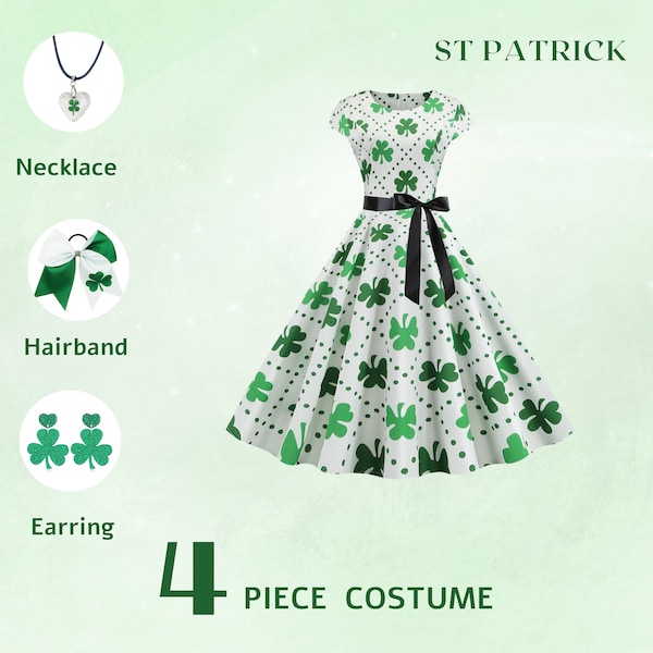 Robe verte à pois, Saint-Valentin Ensemble de robes et accessoires de la Saint-Patrick, robe irlandaise, tenue de la Saint-Patrick, robe trèfle vert Femme