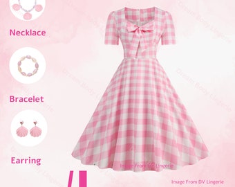 Movie-inspired Pink Plaid short sleeves Bow Tie Dress | Margot Robbie Dress Pink Halloween Cosplay Halloween Dress Gift For Her