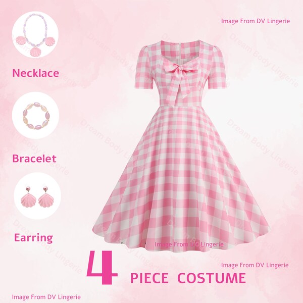 Movie-inspired Pink Plaid short sleeves Bow Tie Dress | Margot Robbie Dress Pink Halloween Cosplay Halloween Dress Gift For Her