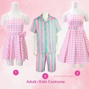 Pink Gingham Dress &Pastel Striped beachwear |  Toddler Margot Cosplay Ryan Cosplay ｜Couple Beach Wear Outfit |Kid’s Couple Halloween Costum
