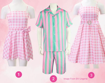 Pink Gingham Dress &Pastel Striped beachwear |  Toddler Margot Cosplay Ryan Cosplay ｜Couple Beach Wear Outfit |Kid’s Couple Halloween Costum