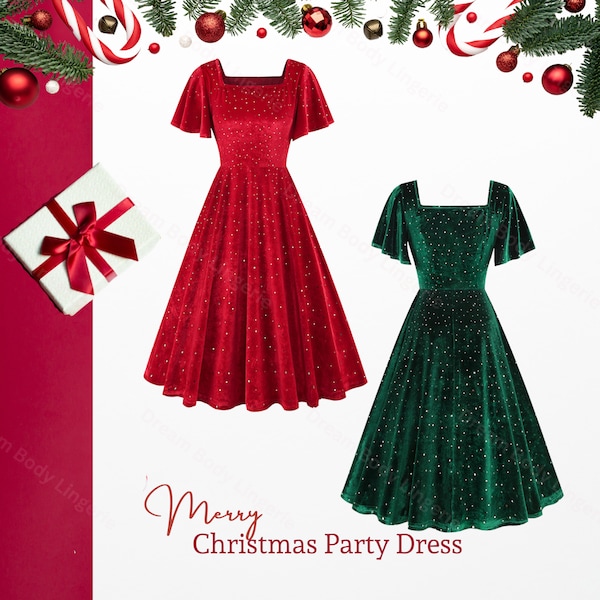 demoiselle d'honneur scintillante en velours | Robe en velours rouge | Robe de Noël verte en velours