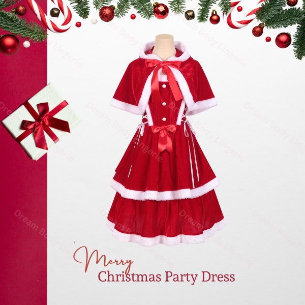 Cute Santa Costume with mantle | Winter Christmas Party Dress Cosplay Dress, Women Mrs. Santa Cosplay