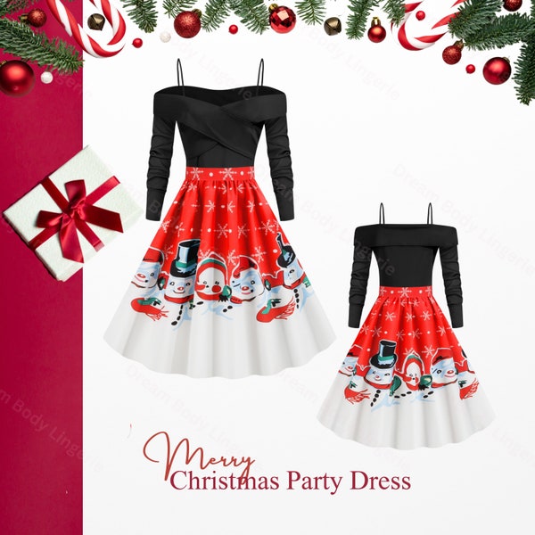 Women's Off-Shoulder Snowman Christmas Party Dress ｜ ugly christmas dress  Christmas eve outfit Long Sleeve