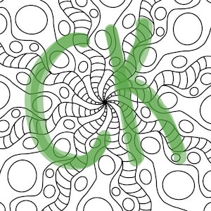 May include: Black and white abstract line art with a spiral center and various sized circles. The design features curved lines and organic shapes, creating a pattern suitable for coloring or decorative purposes.