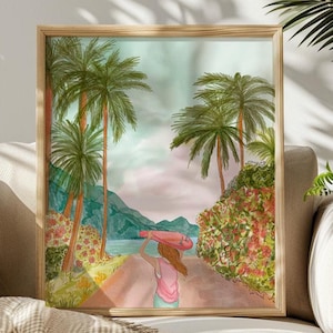 Hanalei Bay print, Kauai art print, surfer girl illustration, Hanalei Kauai, Hawaii original art, Hawaii travel print, Hawaii souvenir