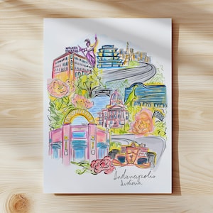 Indianapolis Indiana Art Print, Hand-Drawn Cityscape Illustration, Vibrant Wall Art