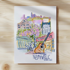Nashville Skyline Art Print, Illustrated Tennessee Wall Art, Guitar Landmark Collage