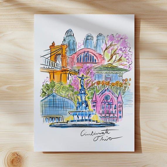 Cincinnati Ohio art print, illustrated art, modern Cincinnati wall art by Anna-Marie McIntyre