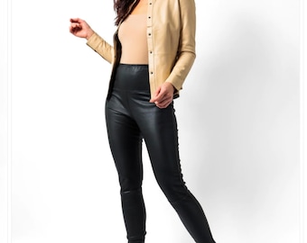 Hedendaags leren shirt, dames lamshuidleer shirt, leren shirt, dames vintage leren shirt, echt lederen shirt- Beige