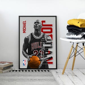 Michael Jordan Black White Name Portrait Poster Digital Download, NBA Basketball Legend Wall Art, Sports Room Print, Michael Jordan Art