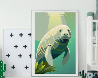 Stellers's sea cow print, animal poster, extinct animals