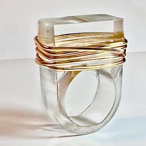 Lucite Cocktail Ring – Chunky Clear Resin with Gold Wire Wrap, Sculptural Modern Statement Jewelry