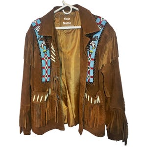 Veste en cuir amérindien à franges de couleur marron avec oeuvre d'art faite main.