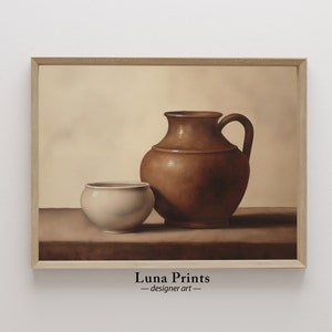 May include: A painting of a still life featuring a brown ceramic pitcher and a white ceramic bowl on a brown surface. The background is a light beige colour.