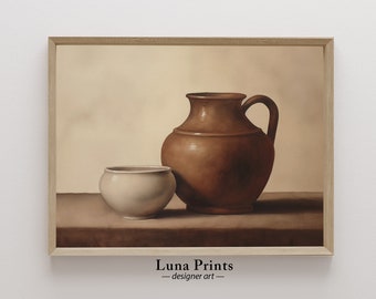 Rustic Pottery Painting, PRINTABLE ART, Vintage Still Life, Kitchen Art Print