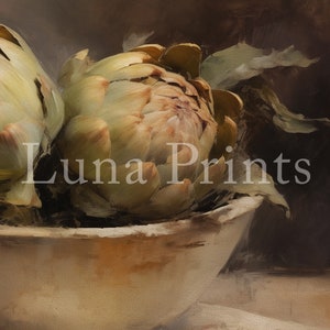 May include: Two artichokes in a white ceramic bowl, with a brown background. The artichokes are green and brown, with a textured surface.