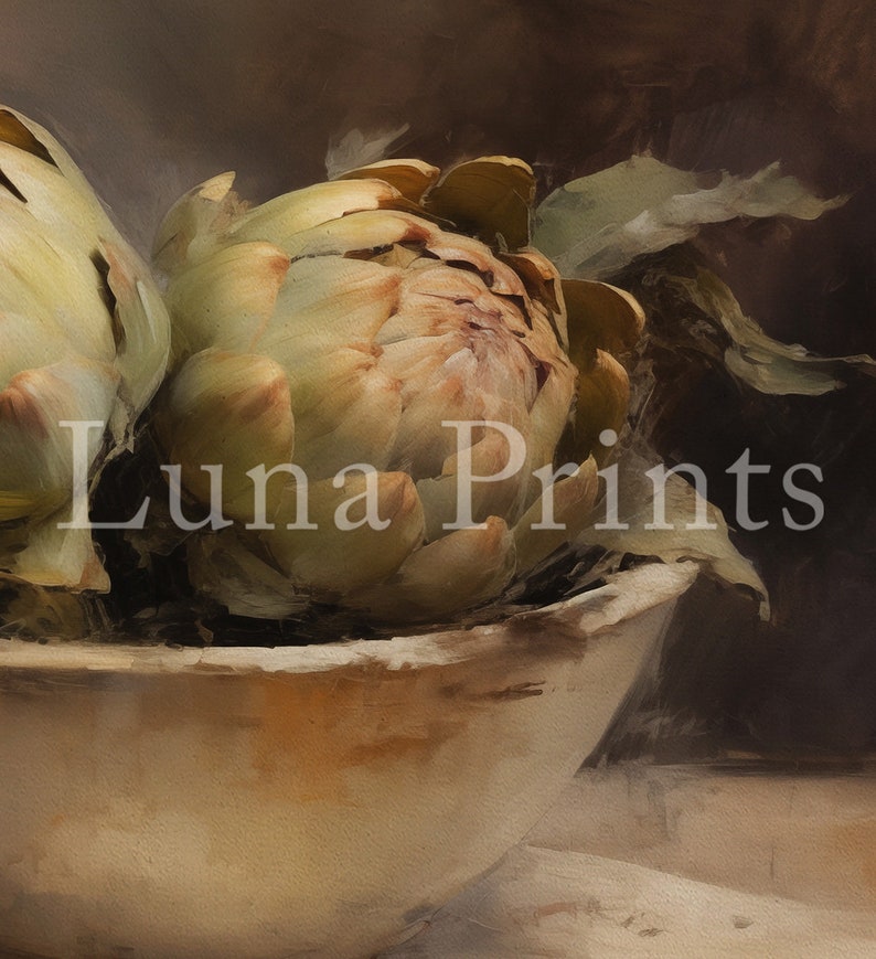 May include: Two artichokes in a white ceramic bowl, with a brown background. The artichokes are green and brown, with a textured surface.