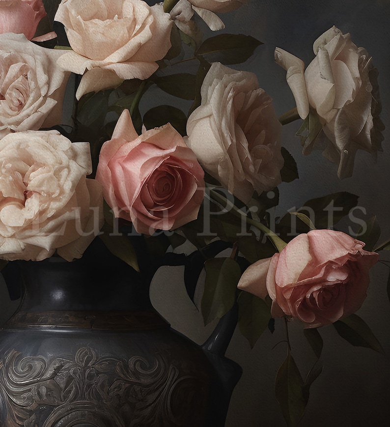 Puede incluir: Un ramo de rosas de color rosa p&aacute;lido en un jarr&oacute;n de cer&aacute;mica gris oscuro con tallas intrincadas. Las rosas est&aacute;n dispuestas en cascada, con algunas flores mirando al espectador y otras mirando hacia afuera.