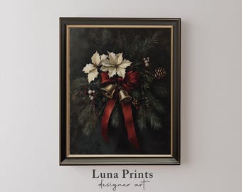 May include: A framed vintage Christmas print featuring a wreath of evergreen branches, white poinsettia flowers, red ribbon, and gold bells.